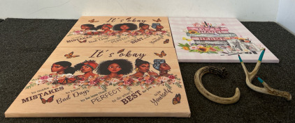 (3) Girly Wall Art Pieces & Antler Decor