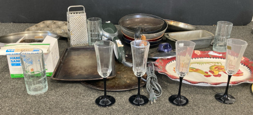 Wine Glasses, Pans, Devorative Plates, & Various Tins