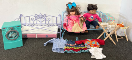 (2) Dolls W/ Accessories - Bed, Bench, Laundry Machine, Laundry Rack, & Clothes