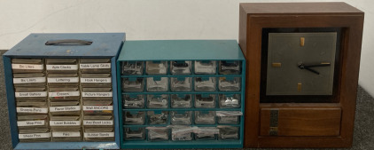 (2) Tool Organizers With Screws, Hook Hangers, And More, And Clock