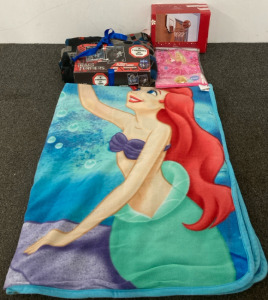Assorted Disney Blankets, 2 Piece Cotton Barbie Sleepwear Set, And Basketball Hoop