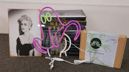 (11) Neon/LED Ghost Wall Hangers, (2) Madonna Metal Signs, Zen Garden Desk Kit