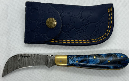 Damaskus Folding Knife w/ Leather Sheath