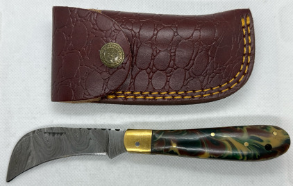 Damaskus Folding Knife w/ Leather Sheath