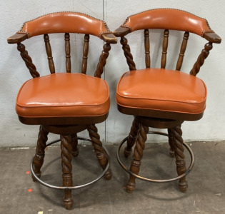 (2) Matching Vintage Orange Leather Swivel Barstools