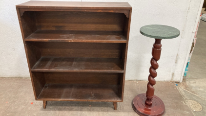 Dark Brown Bookshelf, Planter Stand w/ Stone Top