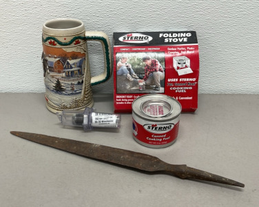 (1) 30/30 Winchester Factory Crimp Die, (1) Sterno Folding Stove W/ Canned Cooking Fuel, (1) Vintage Sword Blade, (1) Budweiser Collectible Stein