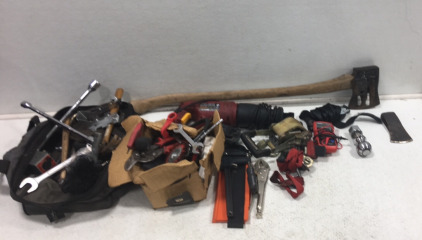 (1) Chicago Electric Power tools Reciprocating Saw (1) Choppwr Wood Splitter (1) EverStart Digital Multimeter (2) Smart Straps Red Ratchet straps (1) Kinedyne Ratchet Strap & etc