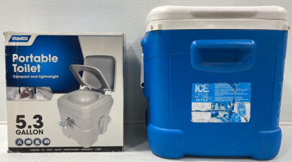 Camco Portable Toilet (5.3 Gal) & Igloo Ice Cube Ultra Cooler