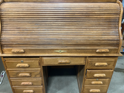 Vintage Solid Wood Roll Top Desk With Keys 52" x 59" x 52-3/8”