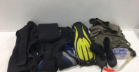 Scuba Diving Gear (4) Wet Suits (1) Pair of Scuba Boots Sz 10 (1) Snorkel (1) Goggles (1) Fin M-L