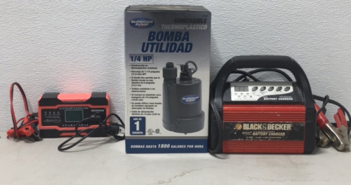 (1) Black&Decker smart Battery charger Model: VEC1089ABD (1) (12v/24v) Intelligent Pulse Repair Charger Model (1) Superior Pump Bomba Utlidad (1/4) HP RJ-121001A