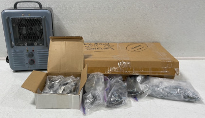 (2) Dark Brown Frameless Shelves, Powergear Heater (Parts Or Repair), & Box Of Knobs & Handles