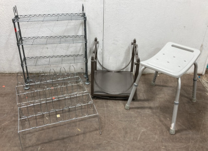 (1) Metal Shelf, (2) Shoe Racks, (1) Shower Seat, (1) Metal Magazine Rack