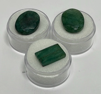 (3) Cut And Faceted Brazilian Emeralds&hellip; 18.6ct. 17.35ct. 12.7ct