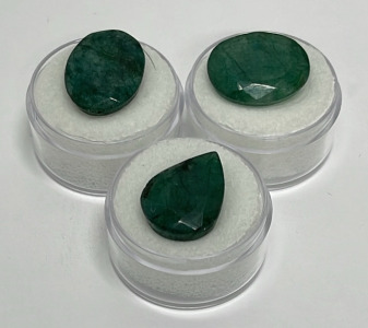 (3) Cut And Faceted Brazilian Emeralds&hellip; 15.55ct. 15.35ct. 14.4ct.