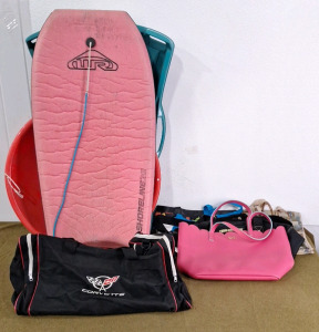 (1) Shoreline 39, Boogie/Body Board, (1) Corvette Duffel Bag, (2) Snow Sleds & Assorted Tote Bags