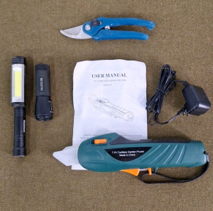 (1) Cordless Garden Pruner W/Charger, (1) Hand Pruner & (2) LED Flashlights