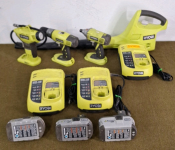 (3) Ryobi 18V Chargers, (3) Ryobi 18V Batteries & (4) Ryobi Cordless Tools