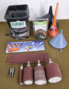 (1) 4-Peice Sanding Drum Set, (1) Expert Gardener Hand Spreader (1) Pittsburgh 25' Tape Measure & (3) Funnels