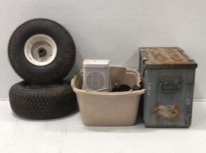 (2) 15” Wheelbarrow tires, Altec Lansing speaker, (3) hud axle, cat litter box, army surplus Dry box