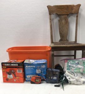 (2) paint sprayer,garden lights, smart scissors, Air compresso wooden chair & more