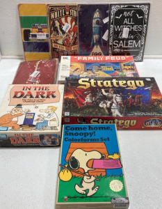 (3) Vintage Board Games, Snoopy Colorforms Set, Assorted Metal Signs