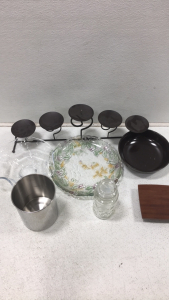 (1) 5 Candle holder Candelabra (1) Miskasa Christmas Platter (1) Black walnut Wooden Base Support (1) Vintage Clear glass Wavy Rim Etched Floral Bowl (1) Franciscan Earthenware Madeira Brown Green Round Serving Bowl (1) 18/10 Stailnlees Steel (3QT) Prince