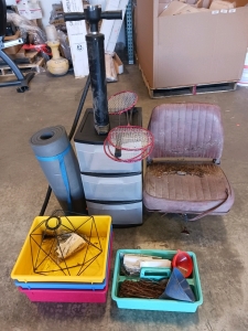 Storage Cabinet, Vintage Seat, Badminton Rackets, and More