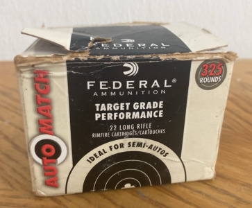 (1) Box of Federal Ammunition Target Grade Performance 22 Long Rifle 325 Rounds