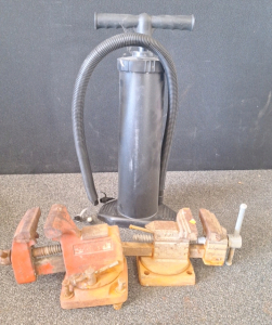 (2) Swivel Bench Vices & Air Pump