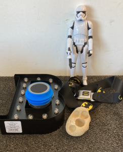 First Order Trooper, Batman Belt, B sign with lights, & speaker with rock