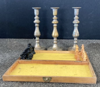 Chess Set (Incomplete) And (3) Candlesticks
