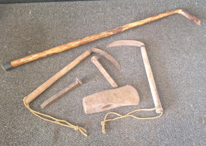 Walking Cane, Railroad Spikes, 6 lbs Axe Head & Farming Tools