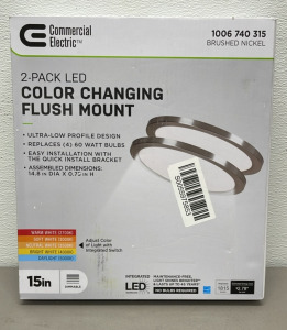 Commercial Electric 2 Pack LED Color Changing Flush Mount Light Fixture 15” (Brushed Nickel)