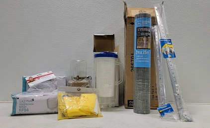 (1) Brass colored outside light, (1) LG. Pool leaf canister, (4) rolls of Galvanized mesh, (2) boxes disinfection mask