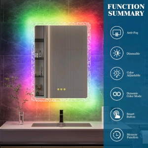 (1) HNEBC 23.6x31.5 Inches LED Bathroom Mirror with RGB Light, Wall Mounted Mirrors with Crystal Frame, Smart LED Mirror with Anti-Fog Backing & Waterproof Switch for Bathroom, Dimmable, Explosion-Proof<br/>