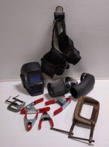 Assorted Clamps, (1) Welding Helmet, (1) Nail/ Tool Belt & More