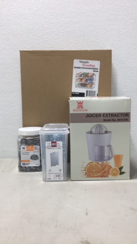 (1) 3/8&rdquo; NON-Metallic push in Cable Connector 1/2&rdquo; Knockout Polycarbonate (100) pack (1) 1&1/2&rdquo;x2&1/2 ACC Nail Plate (50) QTY (1) Wowow Juice Extractor (1) Simple Trending Stacking 3 Tier Can Rack Organizer