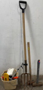 (2) Sledge Hammers, Pitch Fork, & Bucket Of Home Renovation Objects