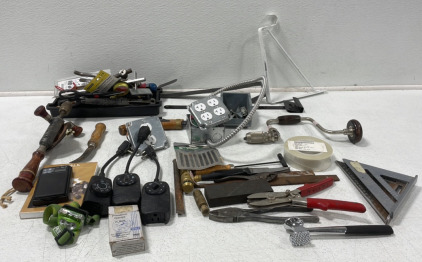 Pipe Crimper, Insulation Electric Tape, Knife Sharpening Block, Vintage Wood Cap Gun Toy, (3) Photoelectric Switches, (2) Outlets, & More