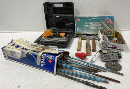 Various Tools Including Drill Bits, Norco Oxygen Pressure Gauge, Battery Terminal Cleaner, (2) Air Tools & More