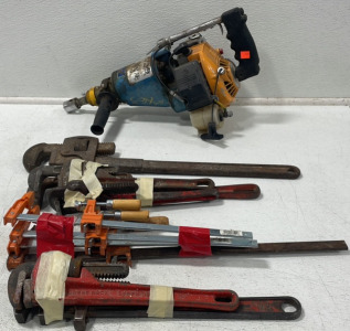 (6) Pipe Wrenches, (4) Adjustable Clamps, & Babers Lawmover Repair Piece (Has Compression)