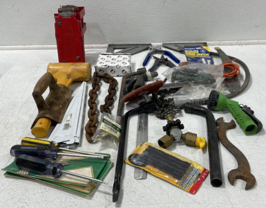 Box Of Tools Including &ldquo;S&rdquo; Handle Open End Wrench, Chainsaw Chain, (2) Spare Tire Lug Wrenches, Norco Oxygen Gauge, Plus More!