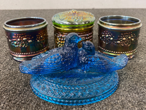 Carnival Glass Dishes and Blue Glass Lid