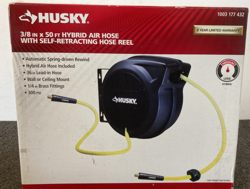 HUSKY 3/8"x50' SELF-RETRACTING HYBRID AIR HOSE - NIB