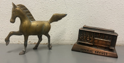 (1) Small Vintage Brass Horse Figure & (1) Banthrico Small Metal Imperial Savings Coin Storage
