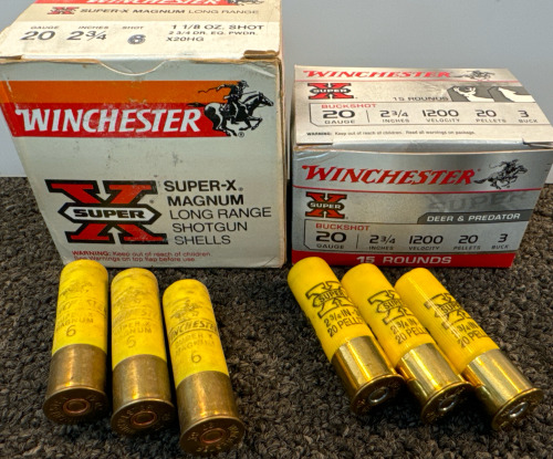 Winchester 20 Guage 2-3/4” 6 Shot 1-1/8 Oz Super-X Magnum Long Range Shells And Deer & Predator Buckshot w/ 1200 Velocity 20 Pellets & 3 Buck