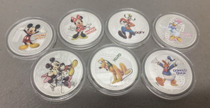 (7) Disney &ldquo;Characters&rdquo; Silver Plated Collection Coins- UNVERIFIED