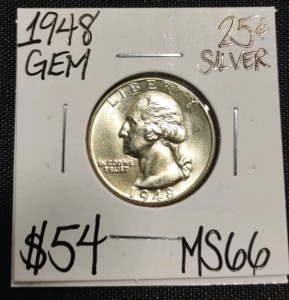 1948 MS66 Gem Silver Washington Quarter.